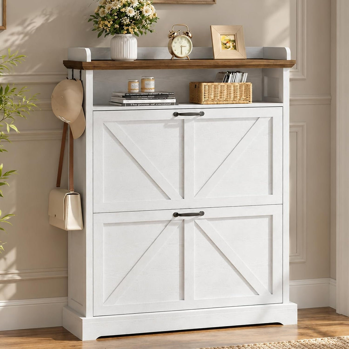 Farmhouse 31.5" Shoe Cabinet with 2 Flip Drawers & Open Storage, White