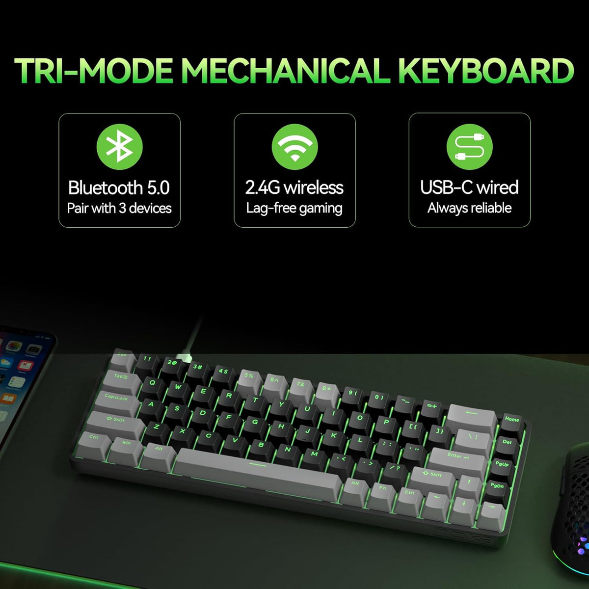 TMKB T68 60% Wireless Mechanical Gaming Keyboard, Tri-Mode BT5.0/2.4GHz/USB-C with Red Linear Switch, RGB Backlight, Anti-Ghosting, Compact 68 Keys, Wired/Wireless, Gray/Black