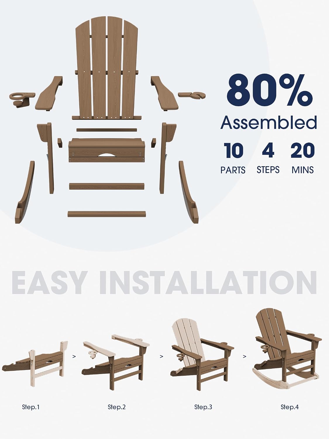 KINGYES HDPE Adirondack Rocking Chair with Footrest and Cup Holders