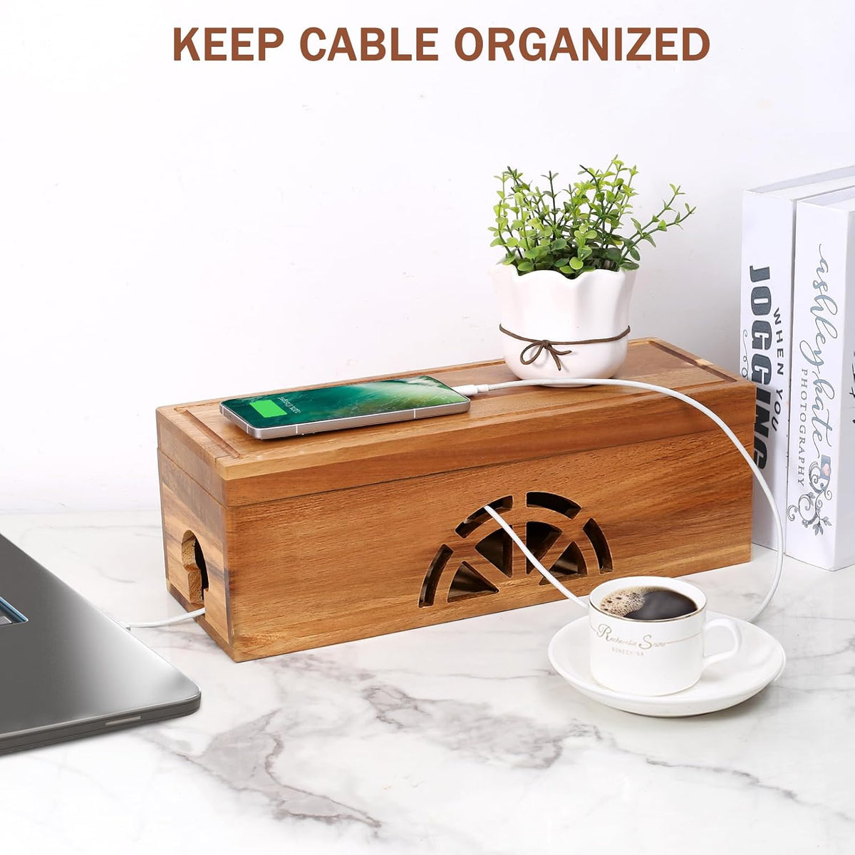 Wood Cable Management Box - 15.8" (L) x 6" (W) 5.5" (H) Acacia Wood Cable Hider Box, Cord Hider with Magnet Design & Outlet Hole, Power Strip Surge Protect & Organizer for Home Office Kitchen TV Wires