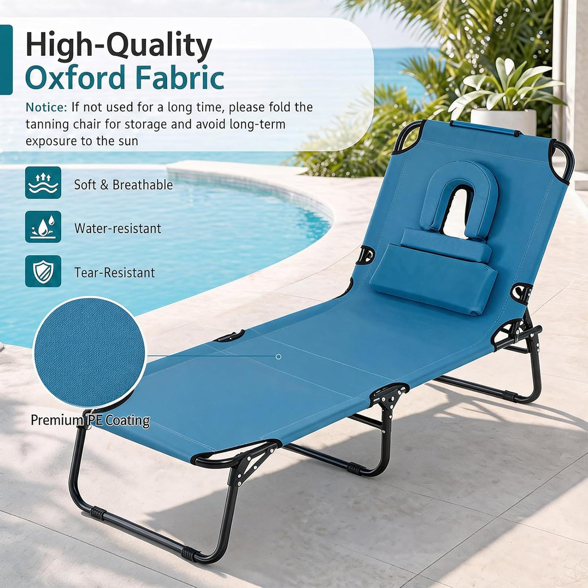 GYMAX Tanning Chair, Folding Lounge Chairs with Face Hole & Cover, Removable Pillow Carry Handle, Portable Compact Outdoor Layout Recliner for Beach, Poolside, Lawn, Patio, Camping (Blue,2)