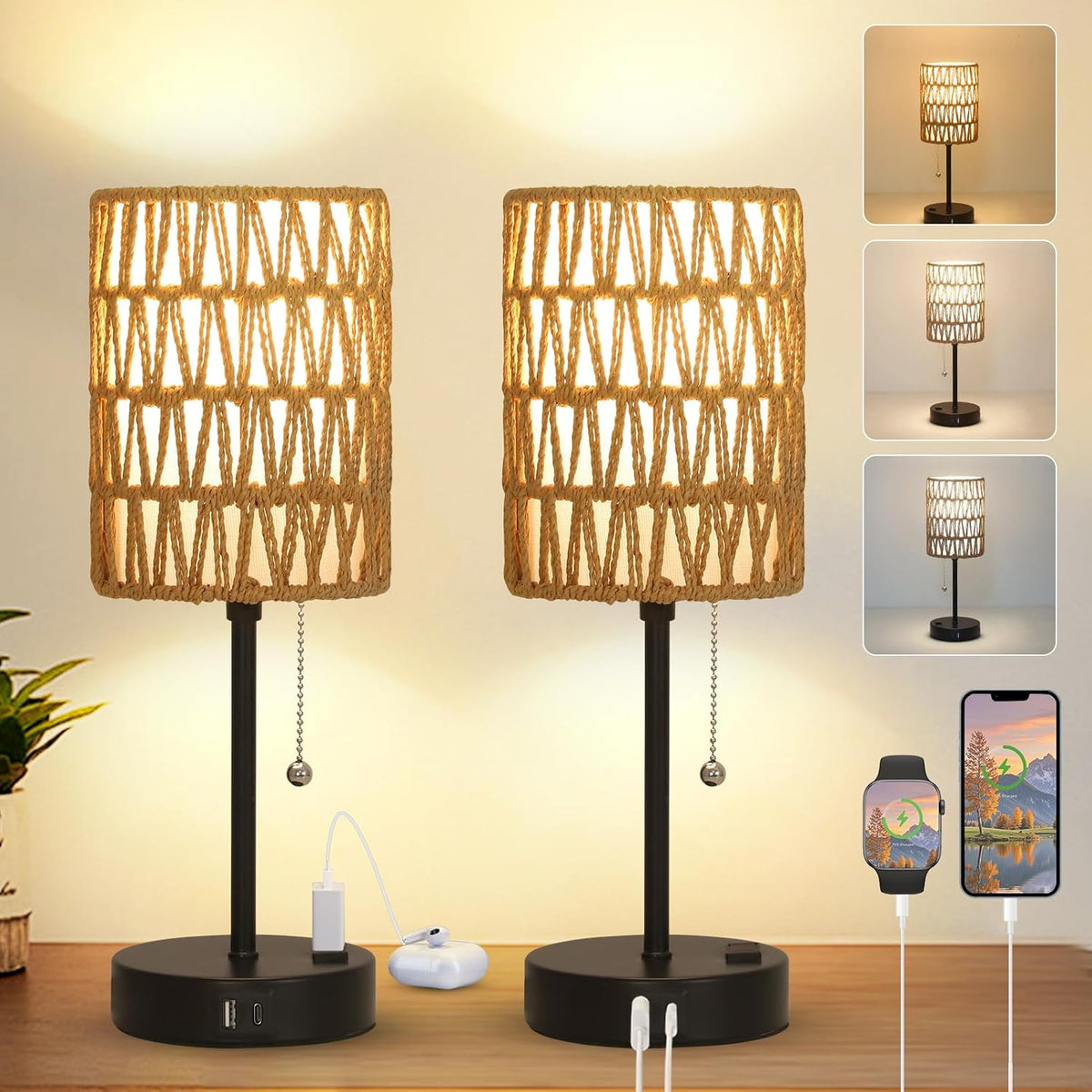 Rattan Bedside Table Lamps Set of 2 - Boho Lamps With 3 Color Temperatures & USB AC Port, Pull Chain Table Lamp For Bedroom, Cute Small Lamp For Nightstand Office Desk Bed Side End Table Living Room