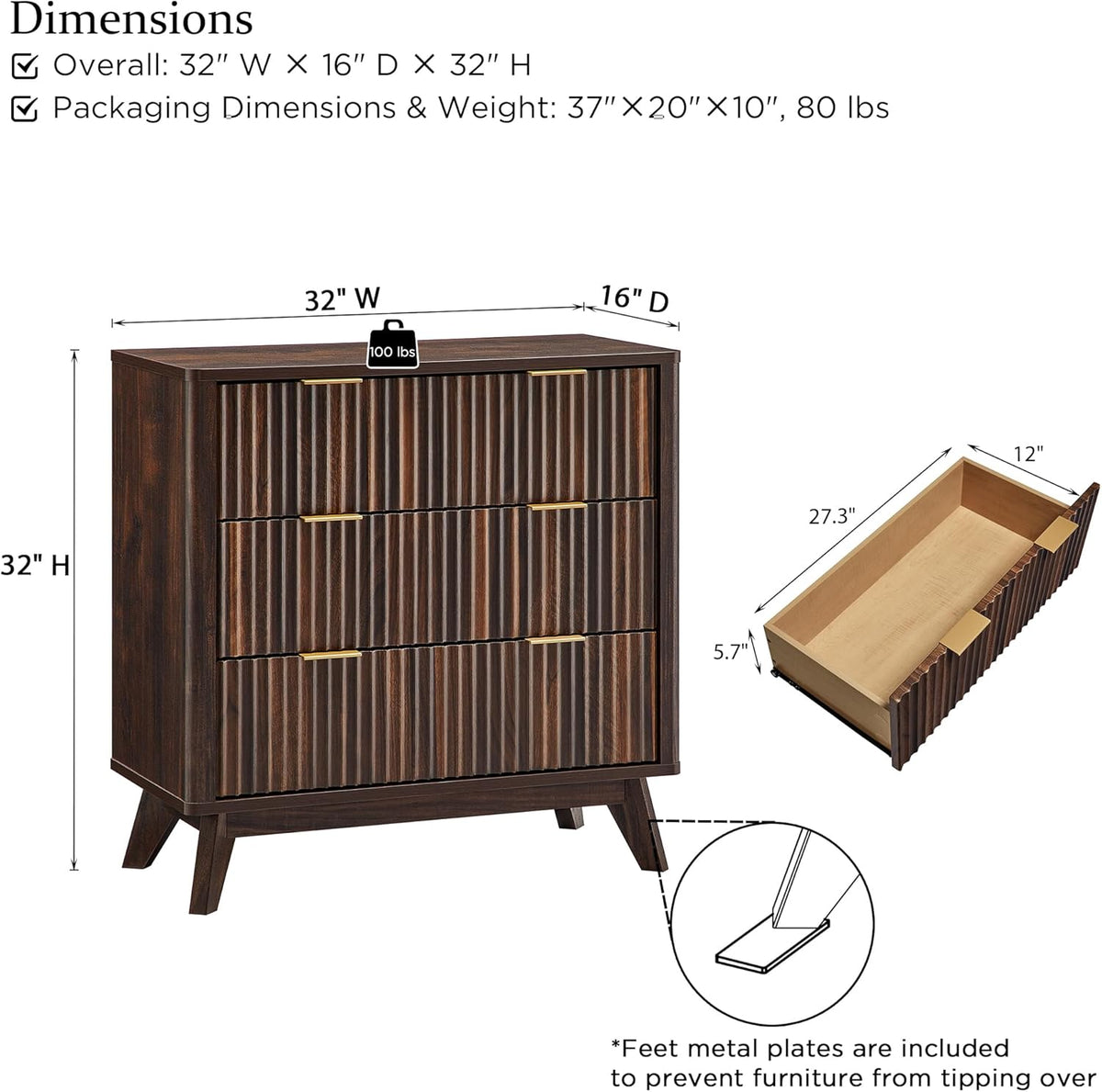 T4TREAM 32" Fluted 3 Drawer Dresser for Bedroom, Dark Walnut