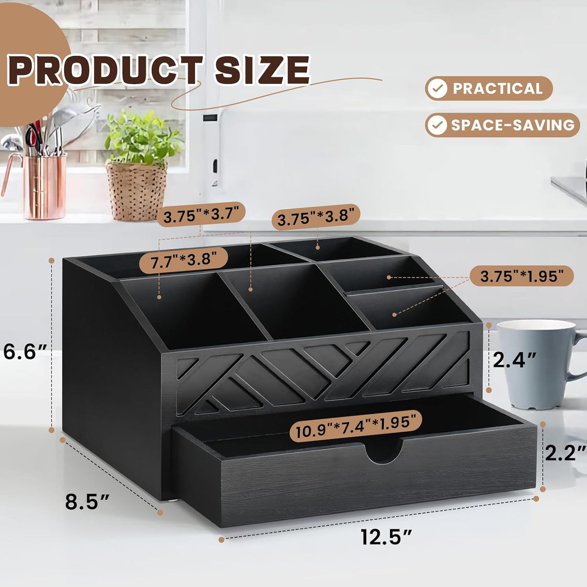 Coffee Bar Organizer with Drawer, Coffee Station Organizer for Countertop, Wood Coffee Bar Accessories Organizer for Coffee Bar Decor, Farmhouse Cup Pod Holder Condiment Organizer(Black)