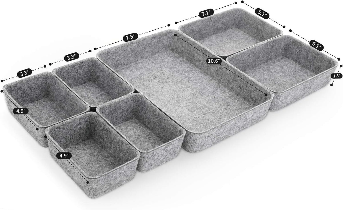 Welaxy 7pc Felt Desk Drawer Organizers Trays Gray Office Home Storage Bins