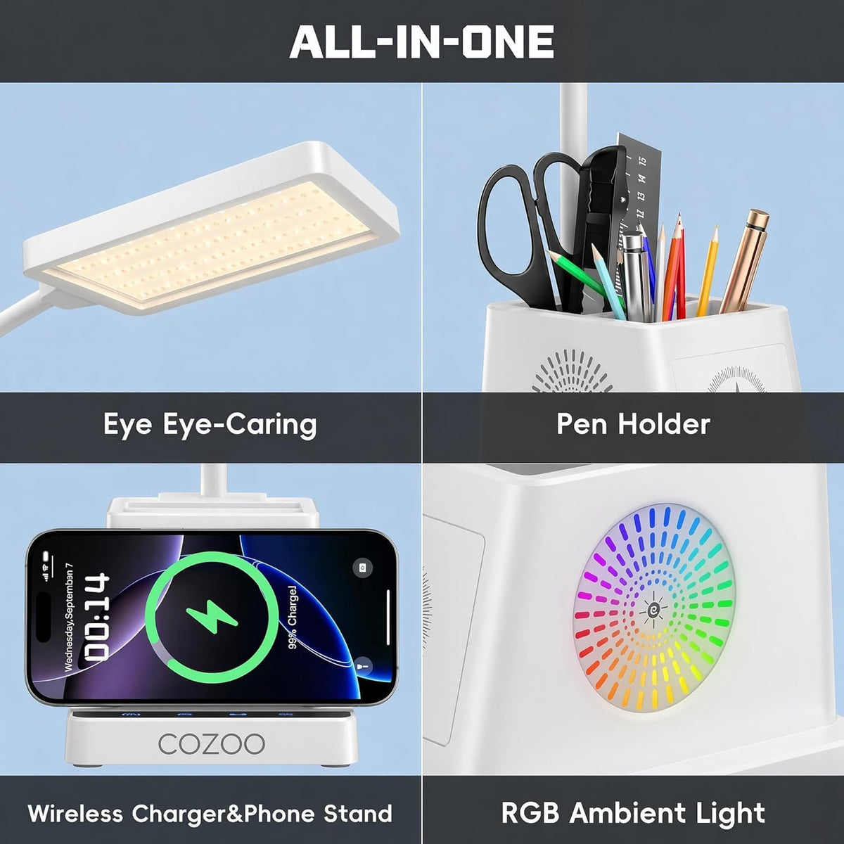 cozoo LED Desk Lamps for Home Office with Storage,15W Fast Wireless Charger
