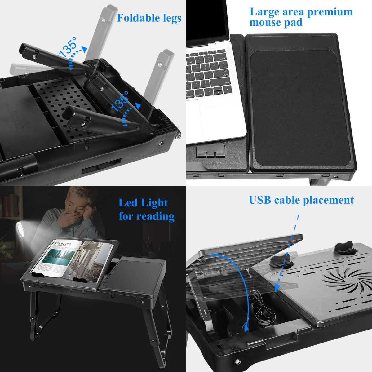 TeqHome Laptop Desk for Bed, Adjustable Table with Fan, Portable Lap Desk, Foldable Legs, Stand for Couch Sofa, Tray with LED Light, 4 USB Ports, Storage, Mouse Pad