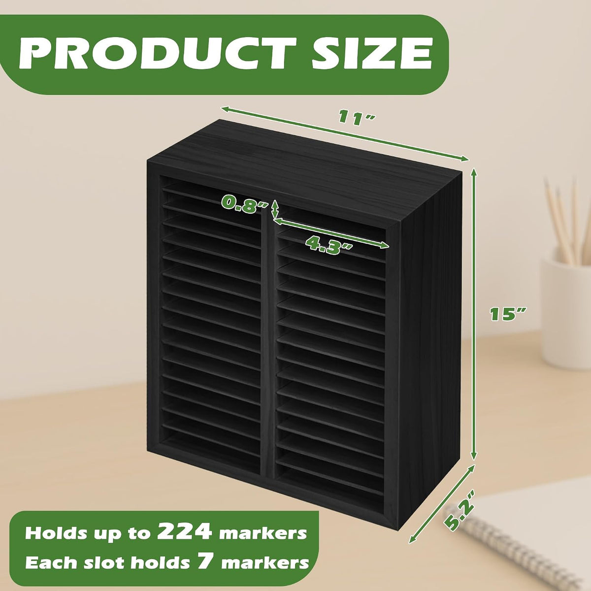 PROLEE Marker Organizer for 224 Markers, Wooden Alcohol Marker Holder with 32 Compartments, Horizontal Art Pen and Pencil Storage Rack for Desk, Classroom and Studio, Black