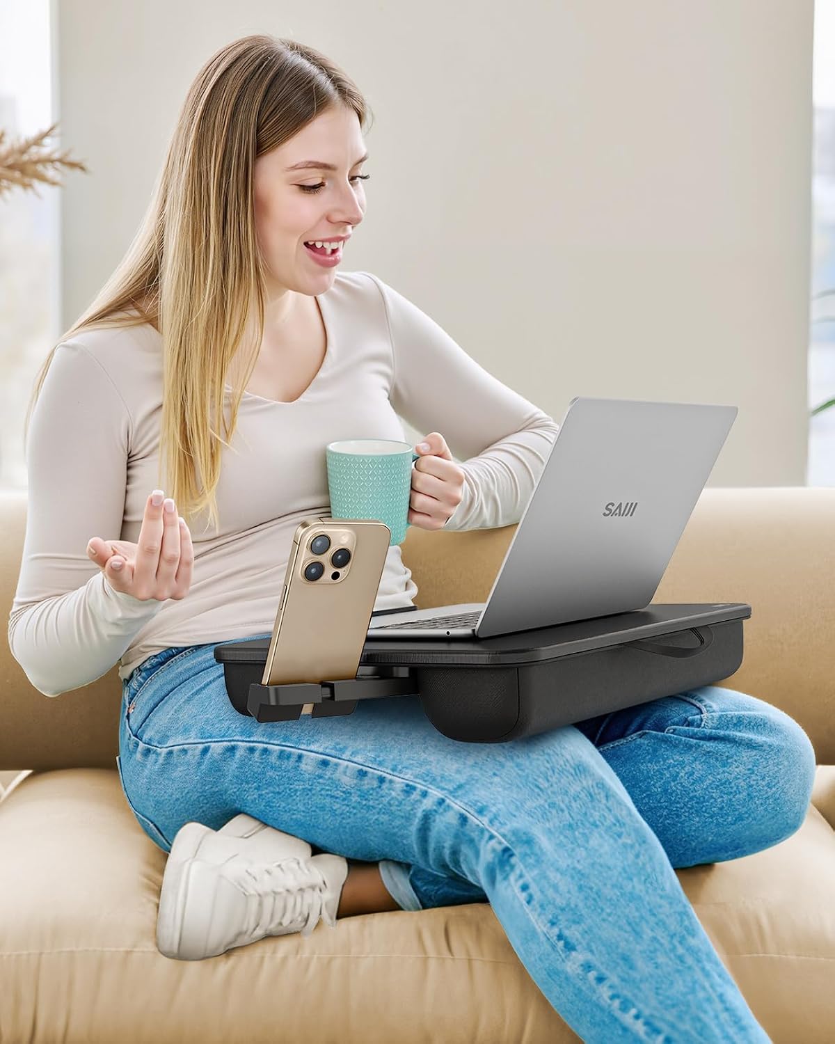 SAIJI Laptop Lap Desk, Portable Laptops Tray with Cushion Drawer Storage