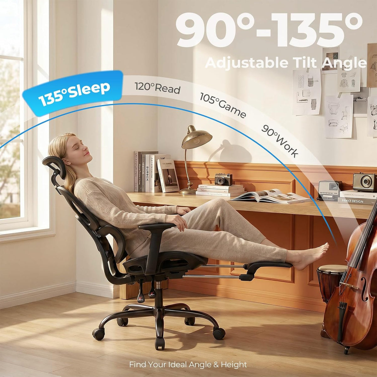 HLDIRECT Ergonomic Office Chair with Footrest, 135° Recline&Lumbar Support
