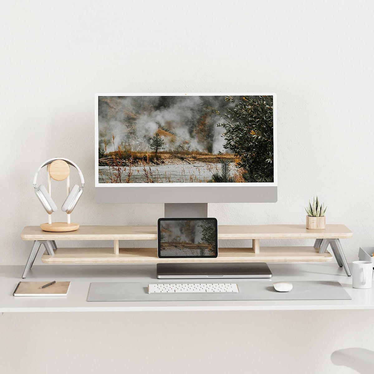 Fenge Dual Monitor Stand Riser, Wooden Desk Shelf with 2-Tier Storage