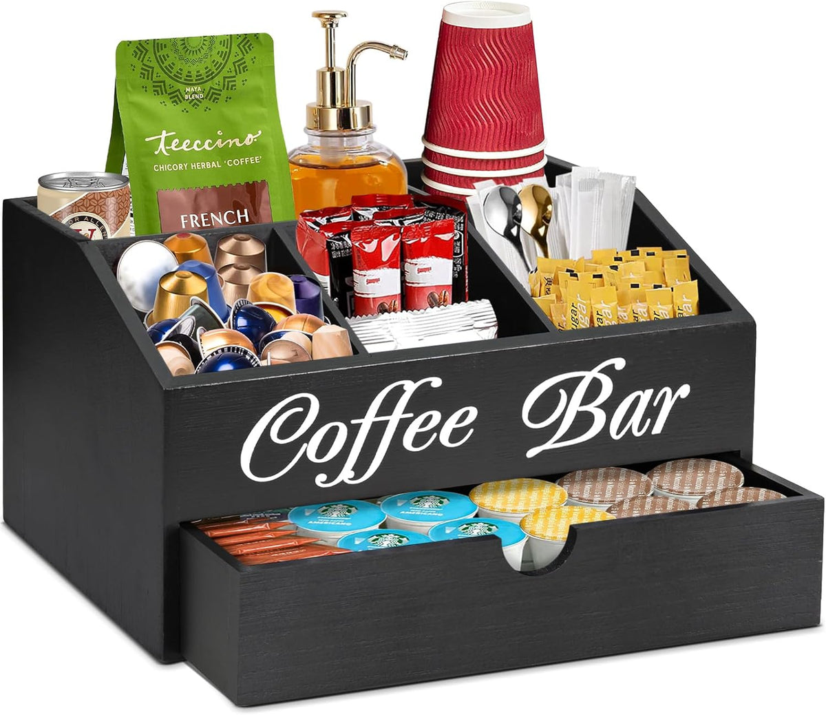 Coffee Bar Organizer Countertop, Wooden Bar Accessories With Drawer, Coffee Station Organizer Pods Holder Storage Basket, Farmhouse Tea Condiment Station