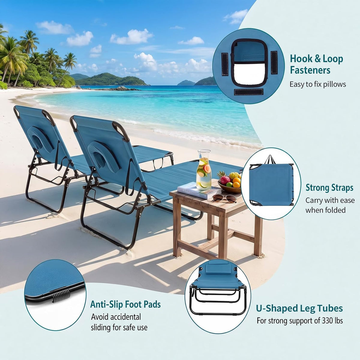 GYMAX Tanning Chair, Folding Lounge Chairs with Face Hole & Cover, Removable Pillow Carry Handle, Portable Compact Outdoor Layout Recliner for Beach, Poolside, Lawn, Patio, Camping (Blue,2)