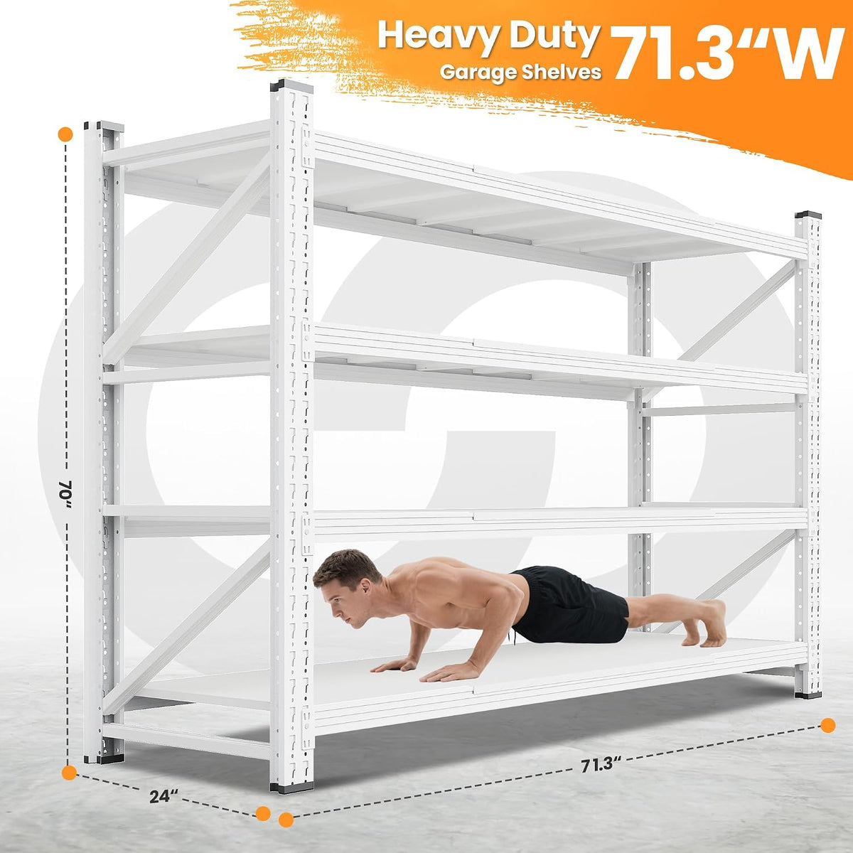 71.3” Wide Heavy Duty Metal Garage Shelving, White Storage Shelf