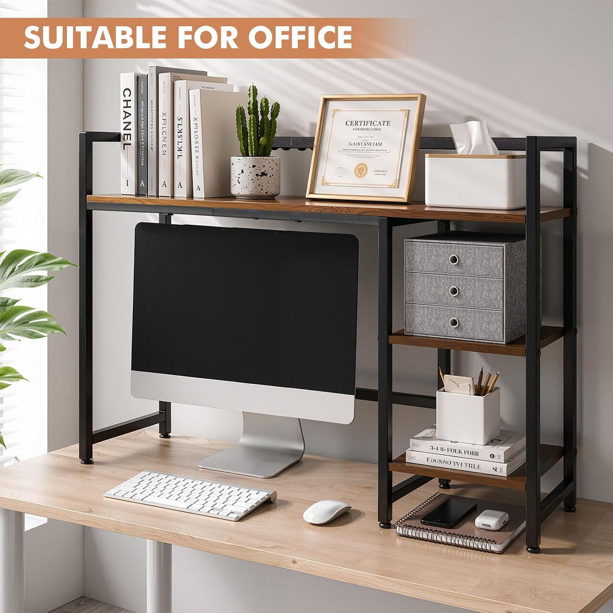38.6" Desk Shelf, 3-Tier Desk Hutch for Computer Monitor, Rustic Brown