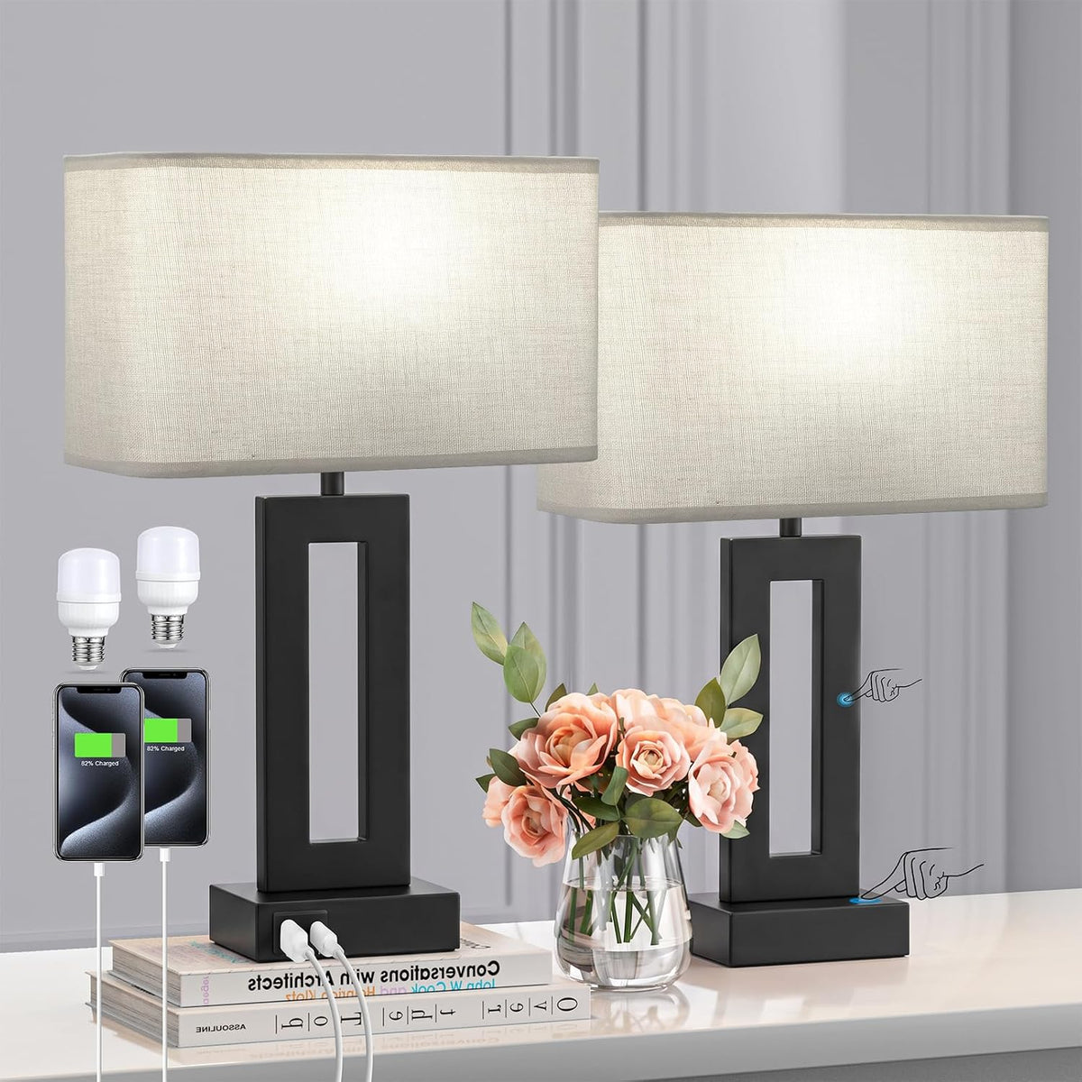 Table Lamps Set of 2, 16.4" Bedside Lamps for Nightstand with USB C+A