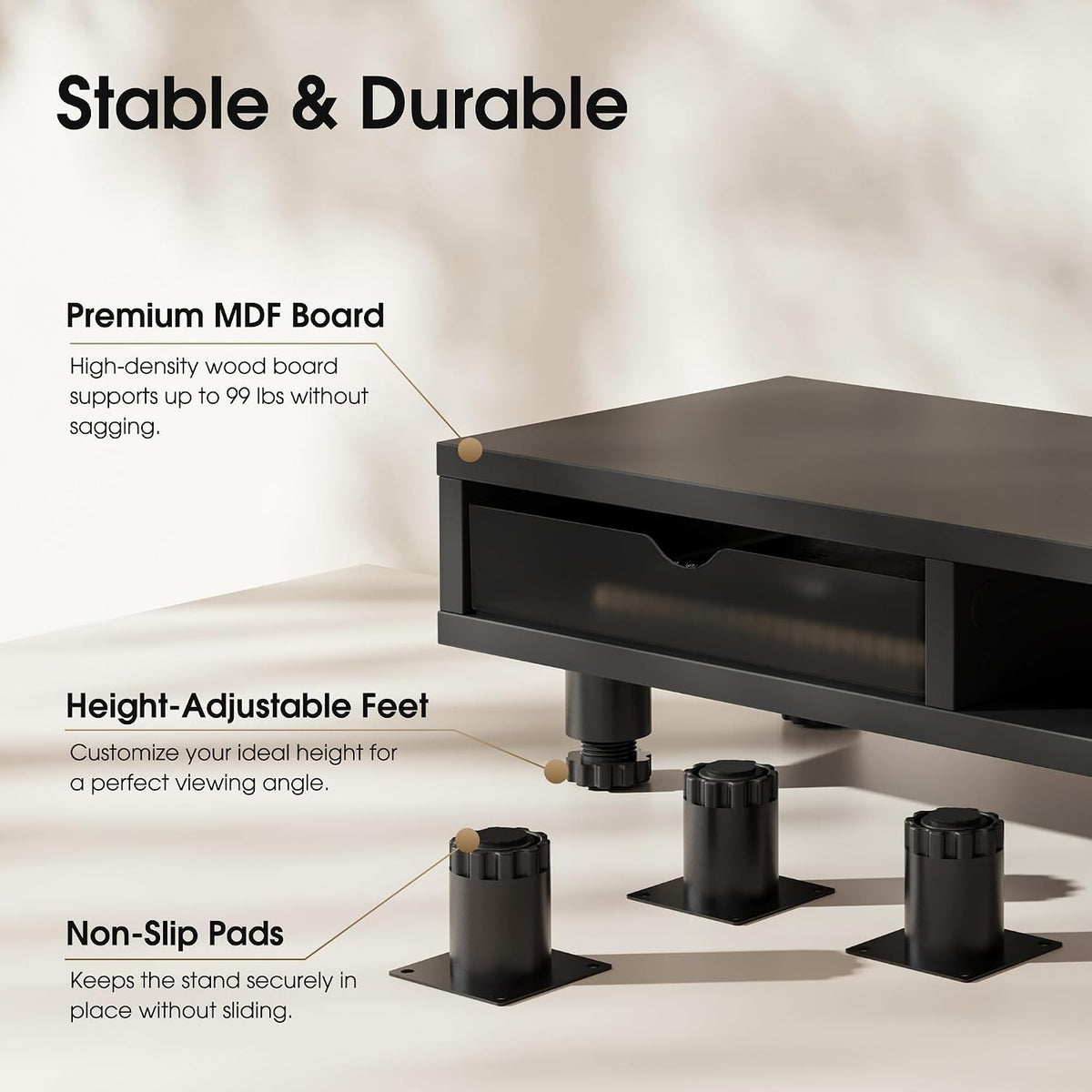 Fenge Dual Monitor Riser with 2 Drawers, 42.5in Long Desk Shelf, Black