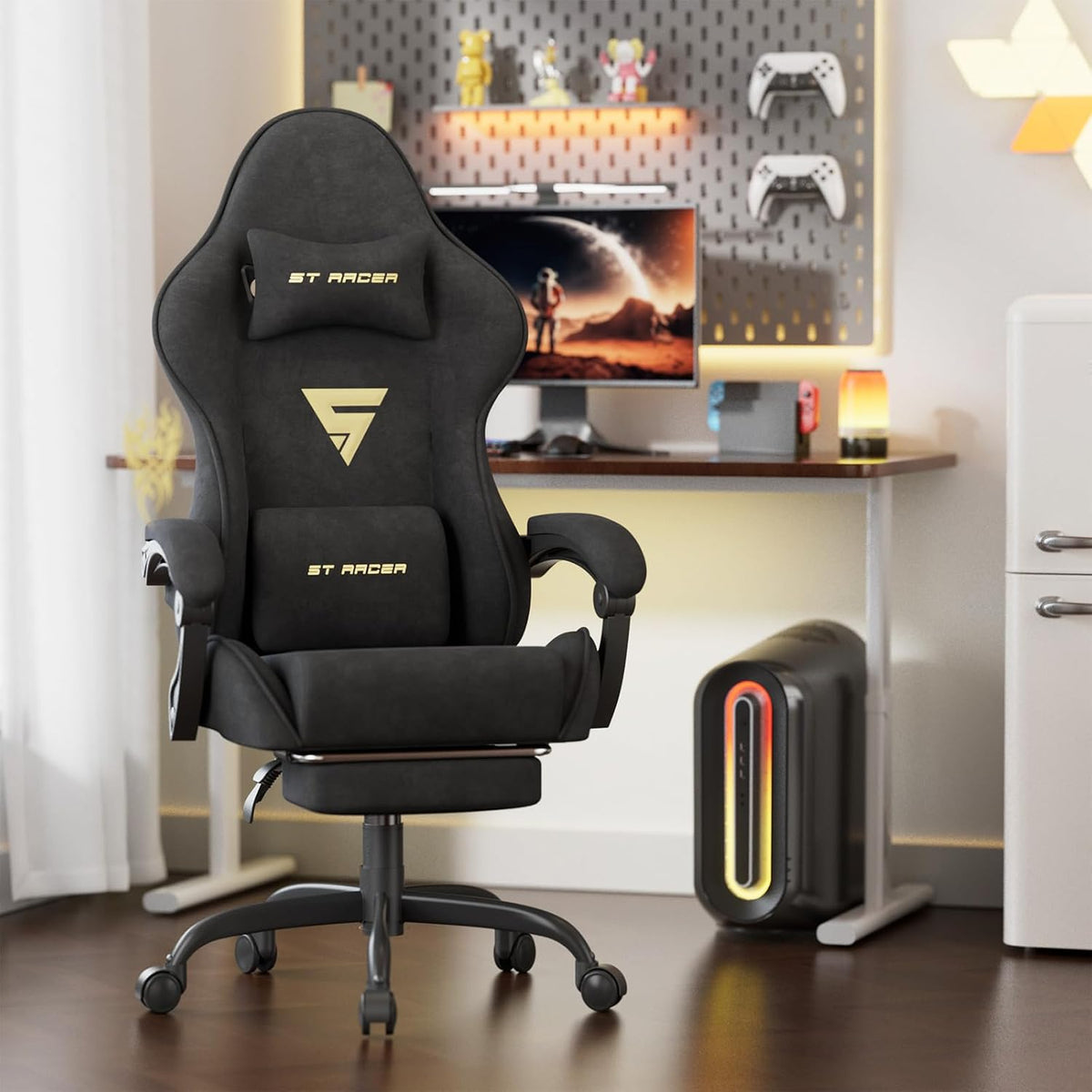 Gaming Chair Racing for Adult, Office Chair with Footrest Massage Lumbar Cushion, Velvet Fabric Reclining Video Game Chairs, Ergonomic Computer Chairs Height Adjustable, for Home Streaming, Black