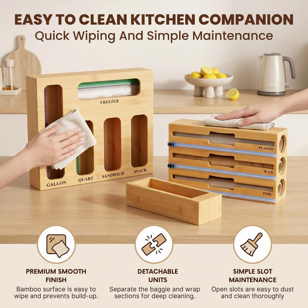9 in 1 Storage Bag Organizer for Kitchen Drawer, Bamboo Foil and Plastic Wrap with Cutter, Ziplock Bag Organizer for Quart, Gallon, Sandwich & Snack Bags - Aluminum Foil Organizer