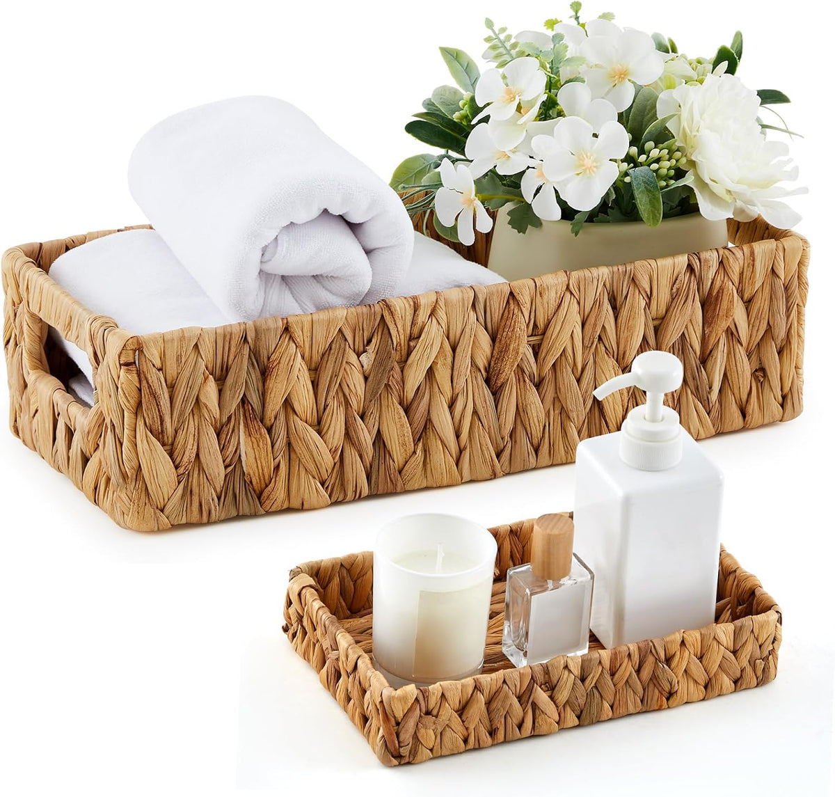Teenyyou 2 Pcs Water Hyacinth Bathroom Basket with Handles