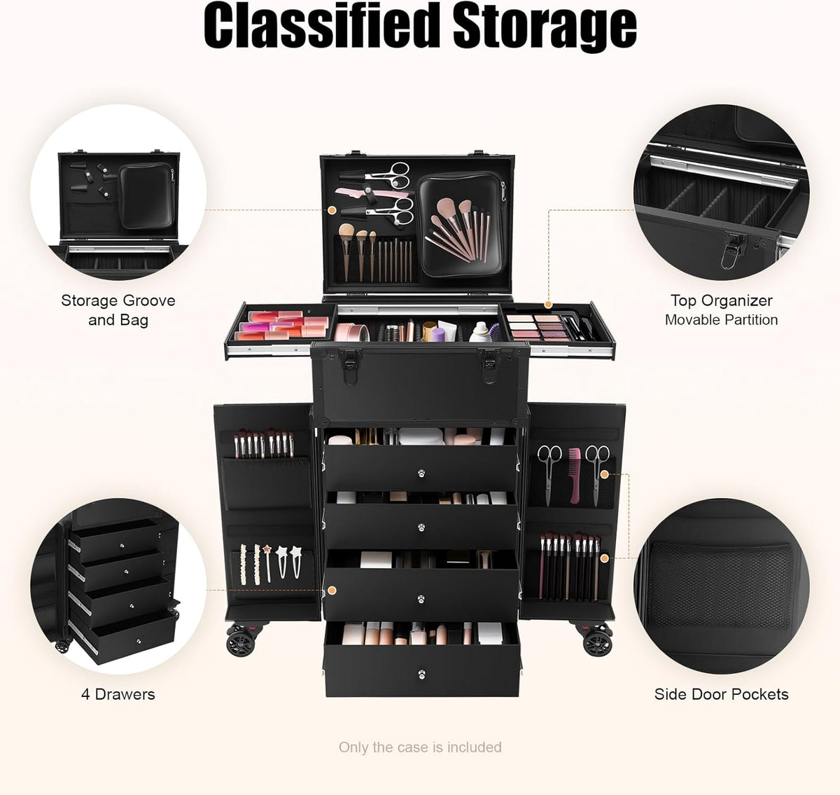 Rolling Makeup Case, Professional Cosmetic Organizer Travel Tote