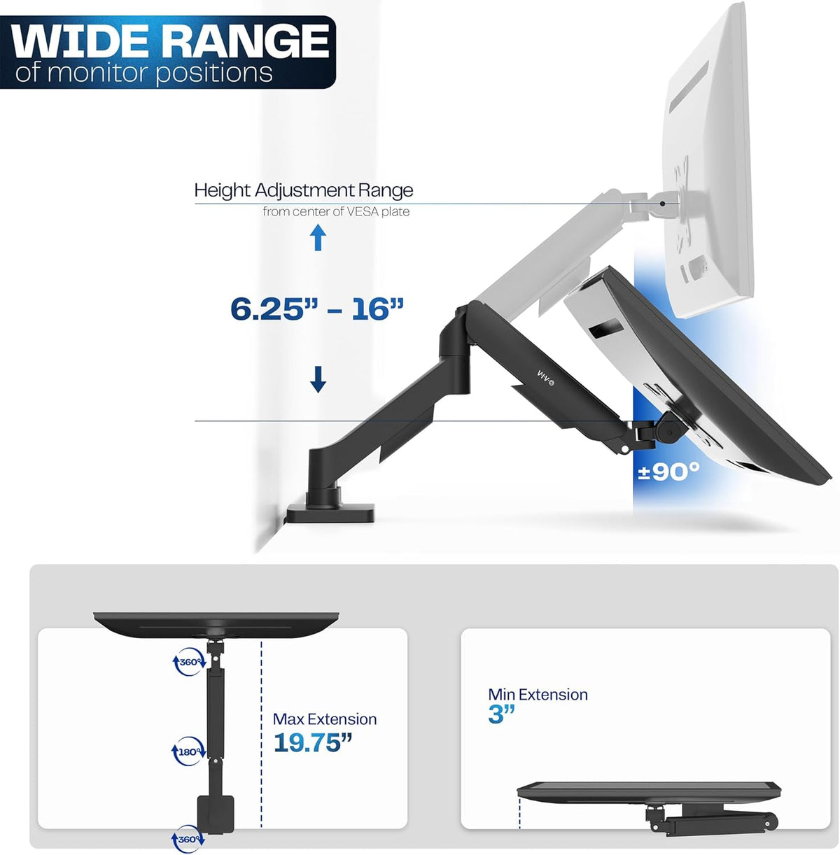 VIVO Single Monitor Stand, Fully Adjustable Arm for 17 to 32 inch Screen, Mechanical Articulating Desk Mount, Gaming and Office Setups, VESA 75x75, 100x100, Max 19.8 lbs, Classic, Black, STAND-V001O