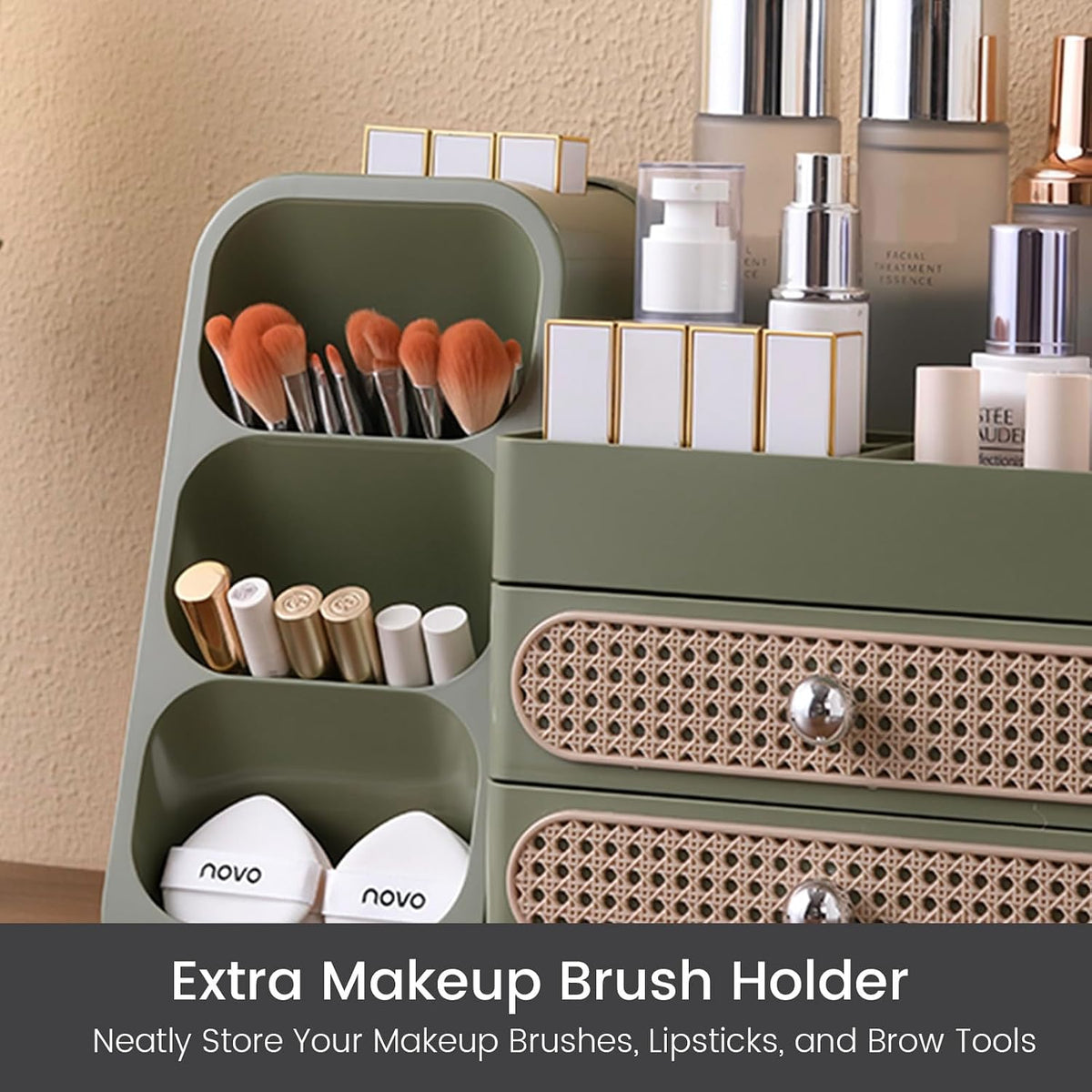 Aveniee Makeup Organizer with Drawers for Vanity, Big Cosmetic Perfume Makeup Brush Holder, Bathroom Coutertop Storage for Skincare Beauty Essentials-Green