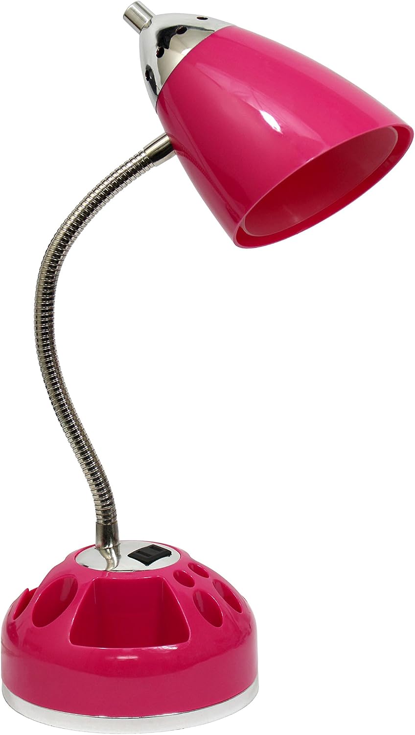 Simple Designs LD1015-PNK Flossy Organizer Desk Lamp with Charging Outlet and Lazy Susan Base, Pink