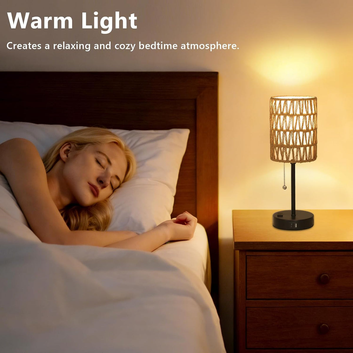 Rattan Bedside Table Lamps Set of 2 - Boho Lamps With 3 Color Temperatures & USB AC Port, Pull Chain Table Lamp For Bedroom, Cute Small Lamp For Nightstand Office Desk Bed Side End Table Living Room