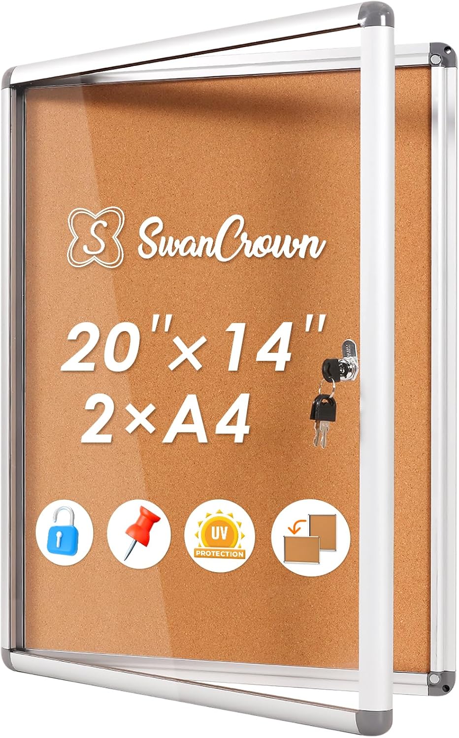 SWANCROWN 20x14 in Enclosed Bulletin Board, Lockable Cork Noticeboard 2xA4