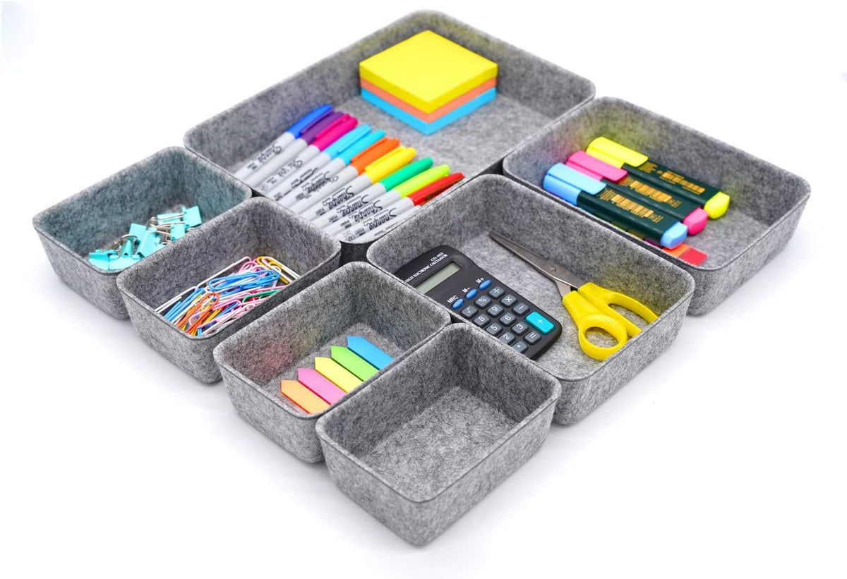 Welaxy 7pc Felt Desk Drawer Organizers Trays Gray Office Home Storage Bins