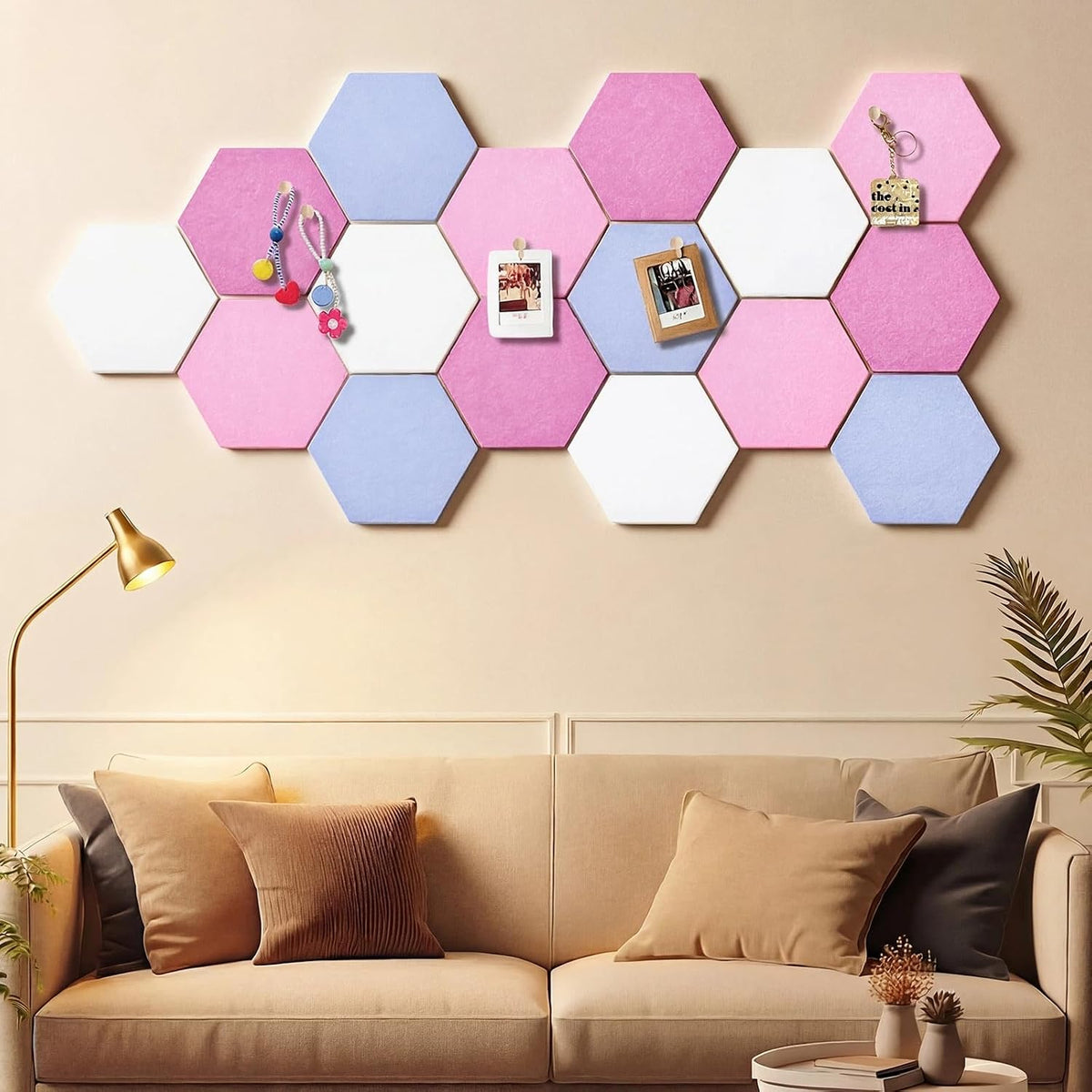 12x10 in 16 Pcs Hexagon Cork Board Tiles, Felt Pin Boards, Pink