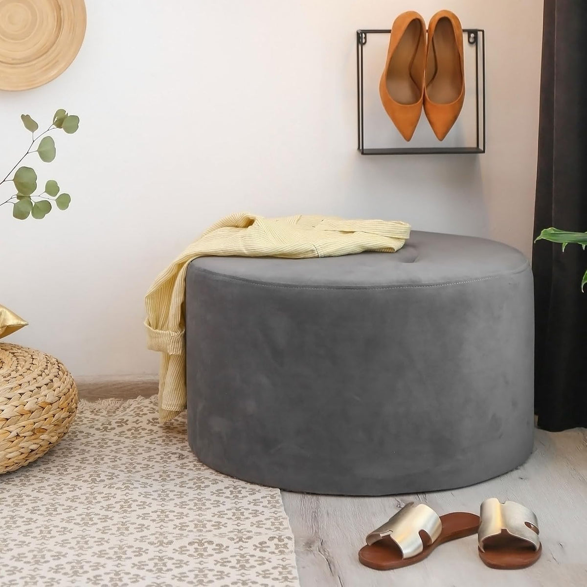 uxcell Ottomen Cover Round, Jacquard Ottomen Slipcover with Elastic Bottom Fit 76cm-104cm /29.9"-40.9" Diameter, Stretchable Footrest Stool Covers for Furniture Protector, Gray Green