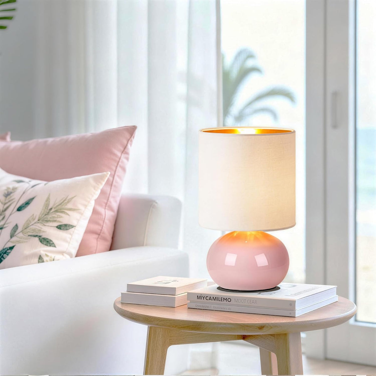Hamucd Ceramic Table Lamps Set of 2, Modern Classic Bedside Lamps for Nightstand, Small Table Lamp for Bedroom Living Room Desk End Table (Pink)