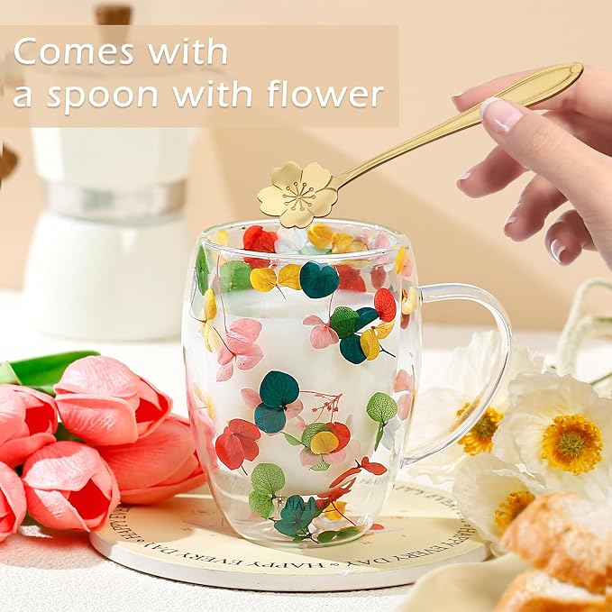 Gifts for Women Dried Flowers Double Wall Glass Coffee Mugs Cute Glass Tea Cups