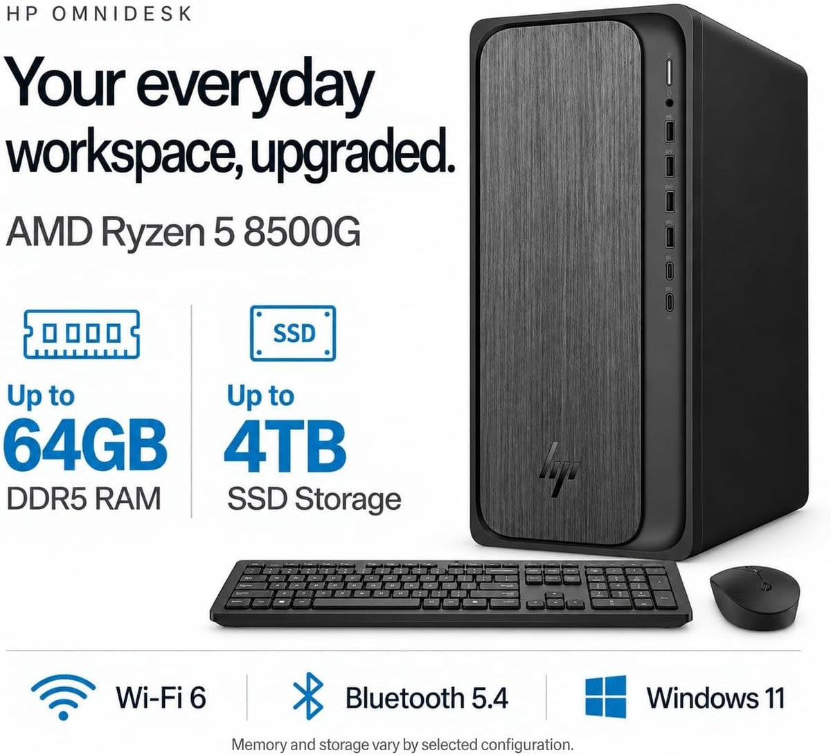 HP OmniDesk Business Tower Desktop, AMD Ryzen 5 8500G (8 Cores, Up to 5GHz), 16GB DDR5, 256GB SSD, WiFi 6, Bluetooth 5.4, Radeon 740M Graphics, 4 Displays, Wireless Keyboard&Mouse