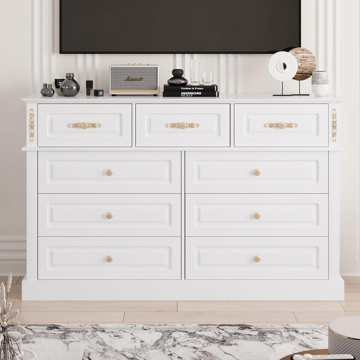Bobve 63Wx39H Large Dresser White,9 Drawers Dresser for Bedroom,Retro Chest of Drawers with Gold Knobs, Wooden Storage Dressers, Bedroom Storage Organizer for Closet, Living Room, Hallway