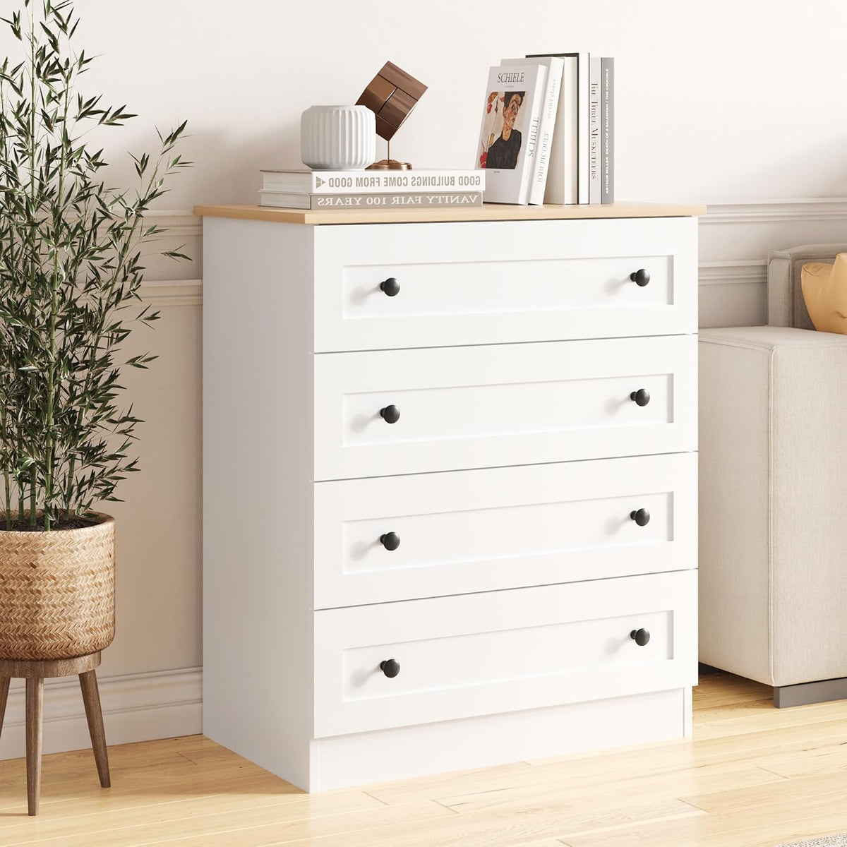 Furnify 4 Drawer Dresser, White Dresser Modern Storage Chest of Drawers, Farmhouse Storage Cabinet Organizer with 4 Drawers for Living Room, Entryway, Hallway, White