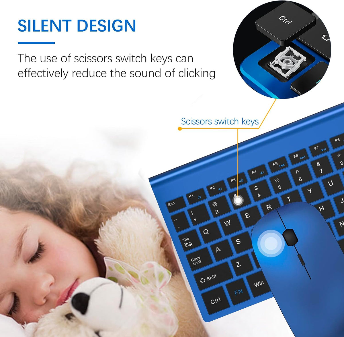 Wireless Keyboard and Mouse Ultra Slim Combo, TopMate - Blue Black