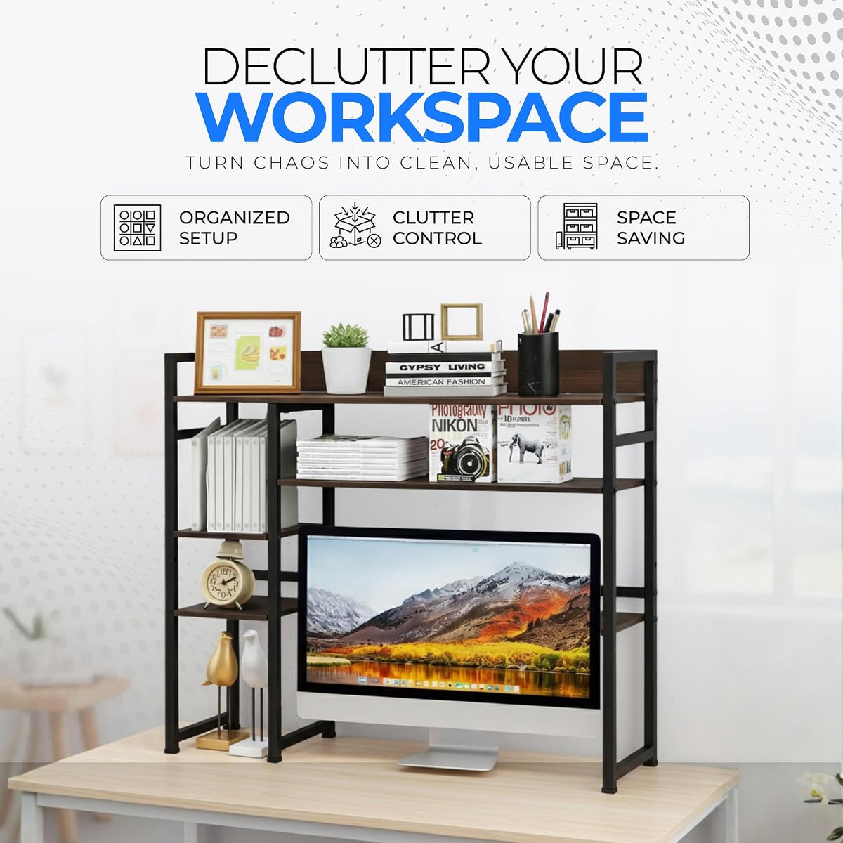 Desk Shelf Storage, 38 Inch, 4-Tier Wood Bookshelf Organizer, Computer Desk Hutch – Dark Brown, Desktop Bookshelf Organizer Shelf for Desk for Dorm Workspace and Home Office Use