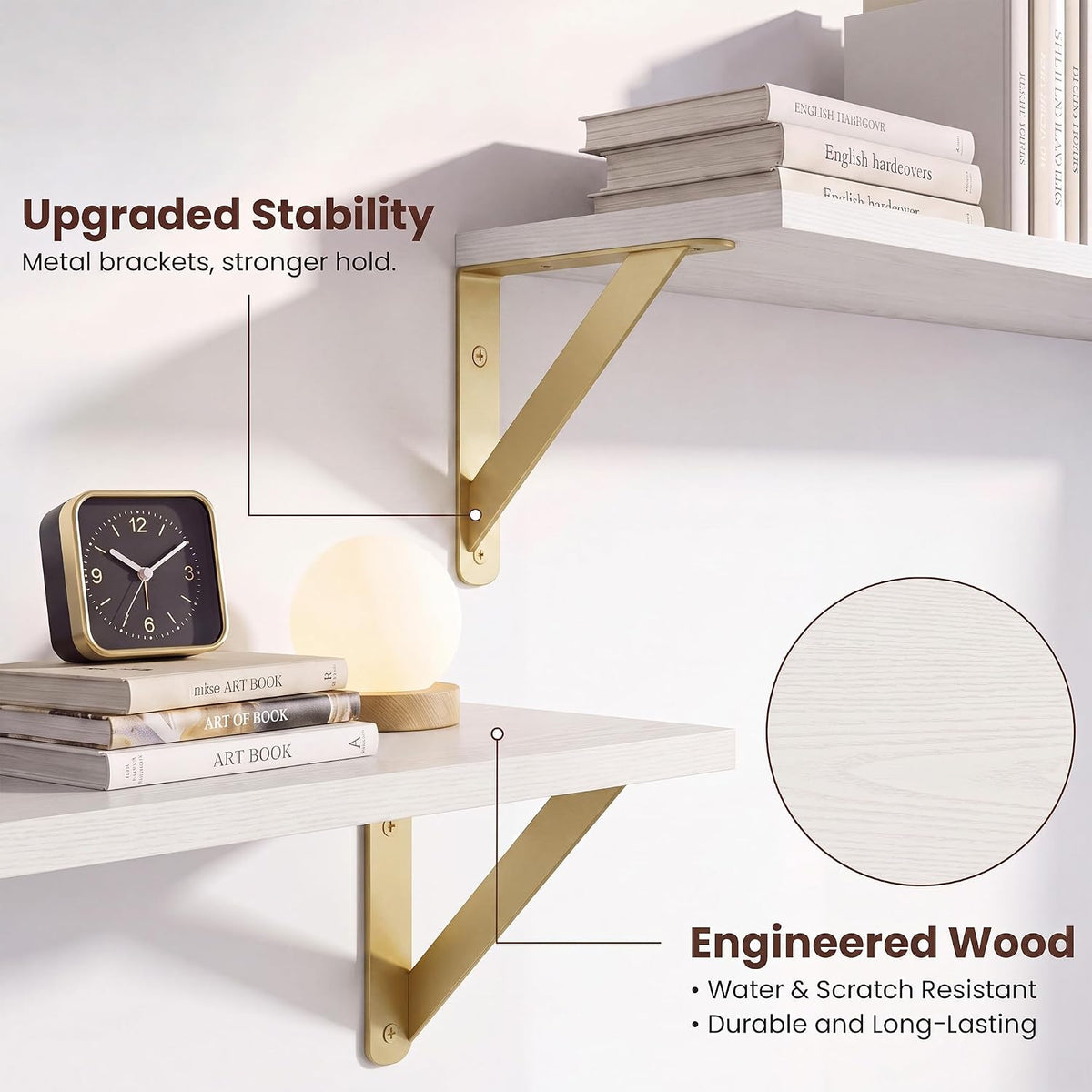 White Shelves for Wall 6 Inch Deep, 24x6 Set of 2, White&Gold