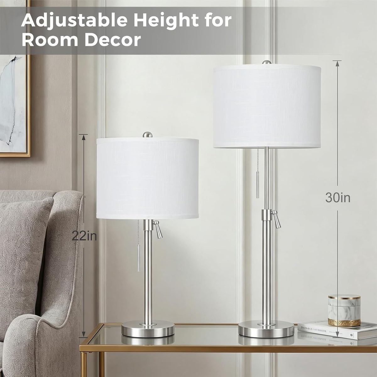 Qingmiao Table Lamps Set of 2, 22" to 30" Adjustable Nightstand Lamps for Bedroom, Dimmable End Table Lamps for Living Room Console Entry Farmhouse Home Decor, New House Warming Gifts