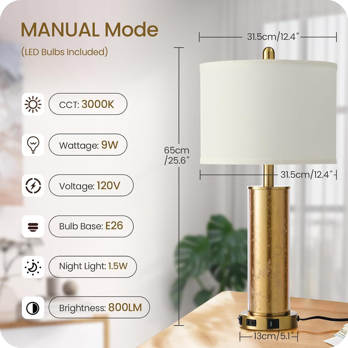 25.6" Gold Table Lamps Set of 2, Tall Bedside Lamps with Nightlight, Modern Nightstand Lamp with USB Ports, Desk Lamp for Bedroom, Living Room, Office, LED Bulbs Included W01TL05