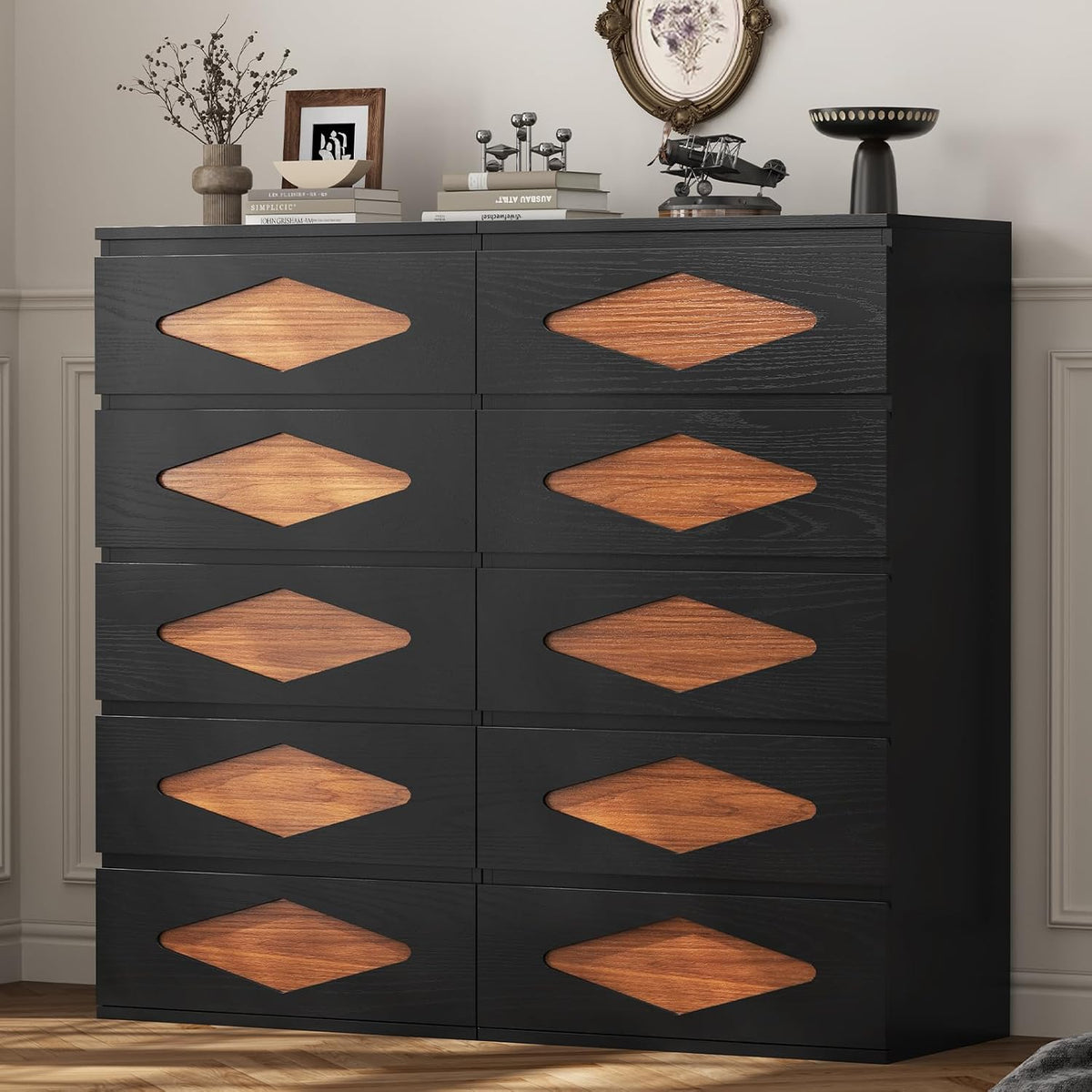 UPOSOJA Tall Dresser for Bedroom, 5 Chest of Wooden Drawers, Vintage Dresser, Closet Storage Dressers Organizer for Bedroom, Living Room, Hallway (Black+Brown)