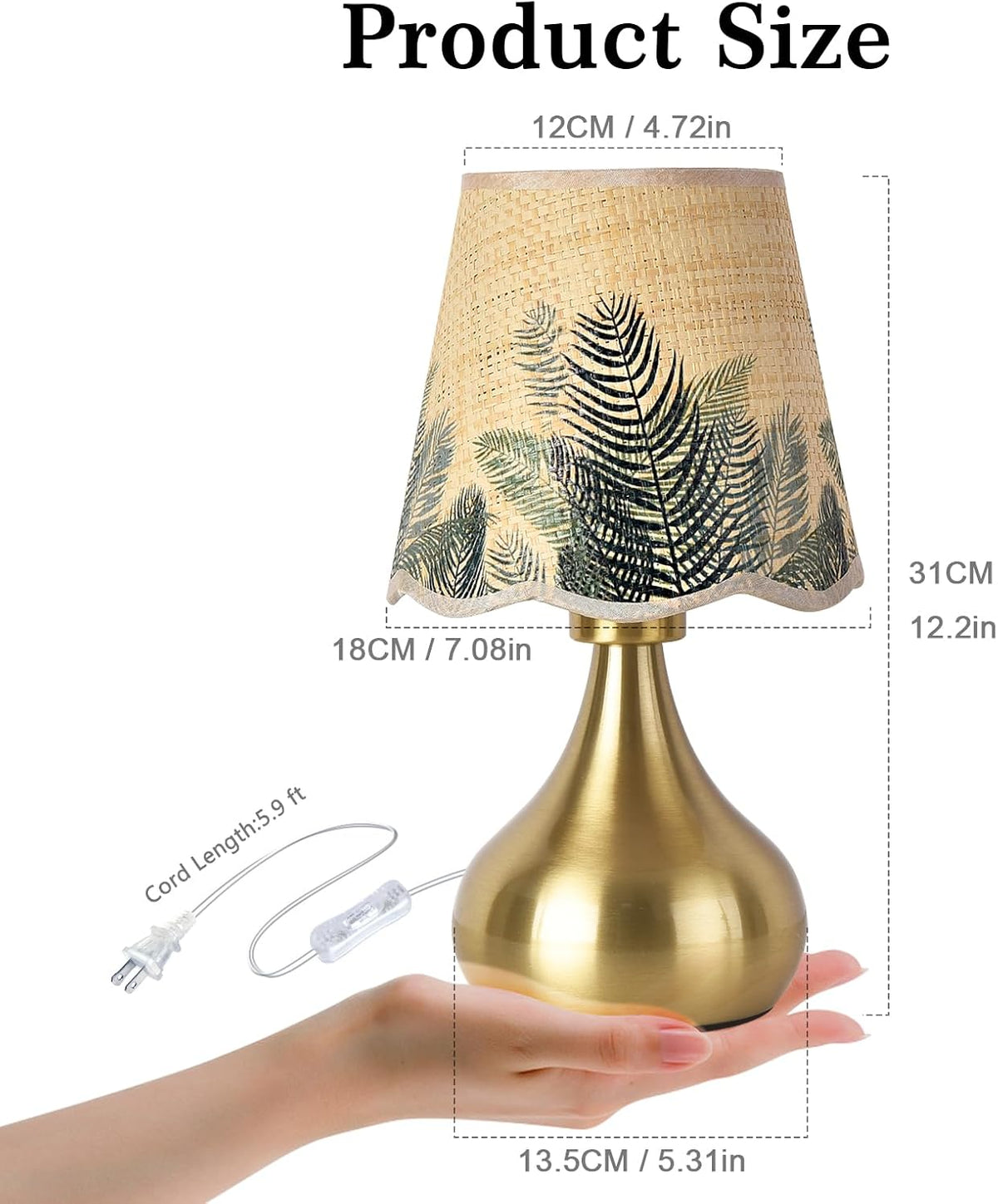 Ziqqeelam Gold Small Bedside Cute Table Lamp for Bedroom, Table Lamps for Nightstand, Scalloped Rattan Shade Table Lamps for Small Spaces for Bedroom, Home Office, Living Room