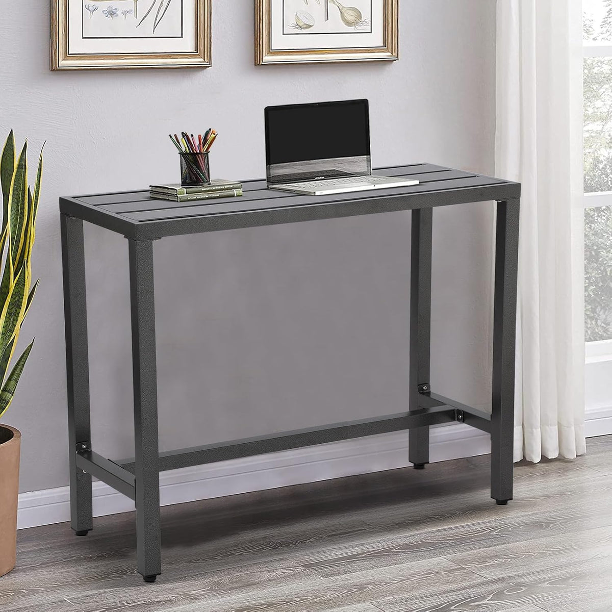 Outdoor Bar Table, Patio Console Pub Height Tables with Powder Coated Steel Frame, Weather Resistant Waterproof Top for Hot Tub, Balcony, Garden, Yard, Poolside (63" Bar Table, Grey)