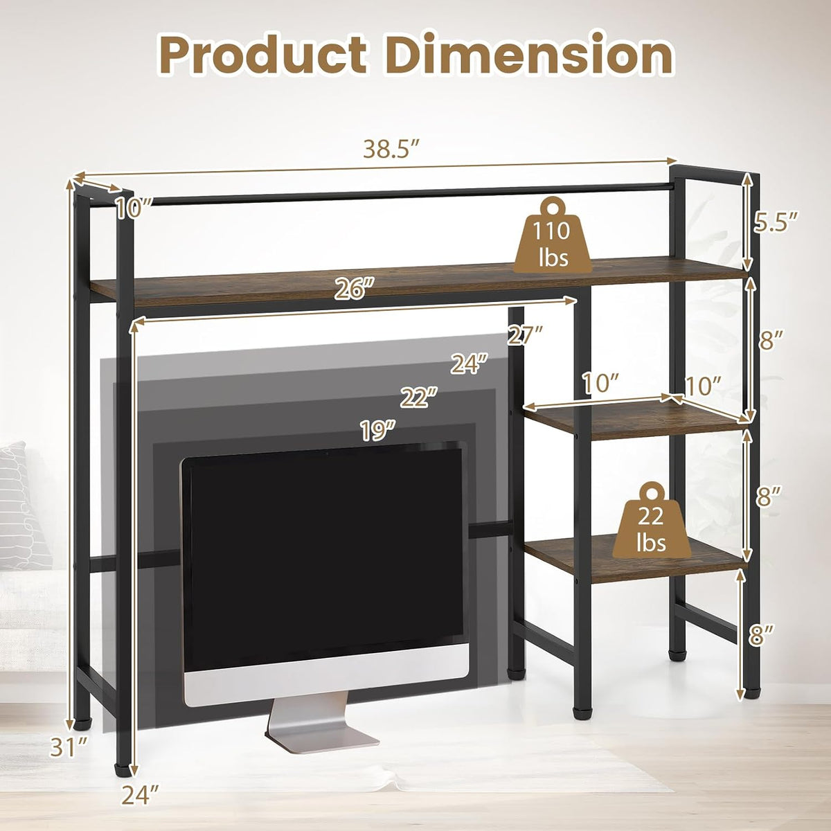 Tangkula 4-Tier Desktop Bookshelf, 38.5" Dorm Desk Hutch, Rustic Brown