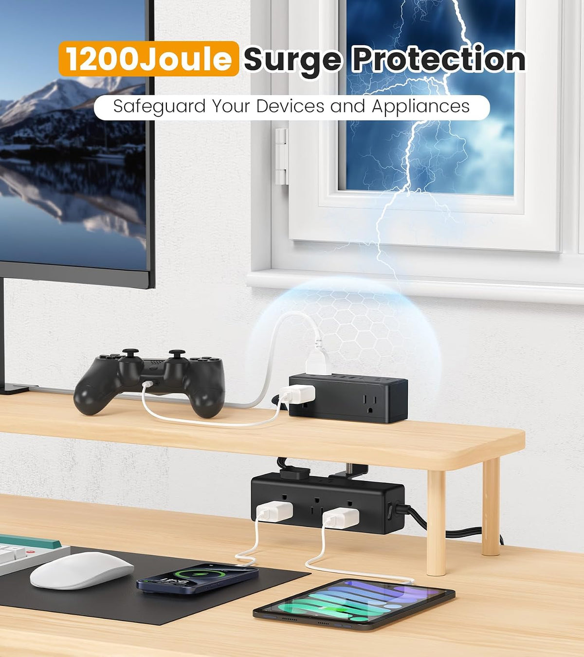 VILONG Dual Layer Desk Clamp Power Strip, 13 Outlets, 45W USB-C, 5FT Cord