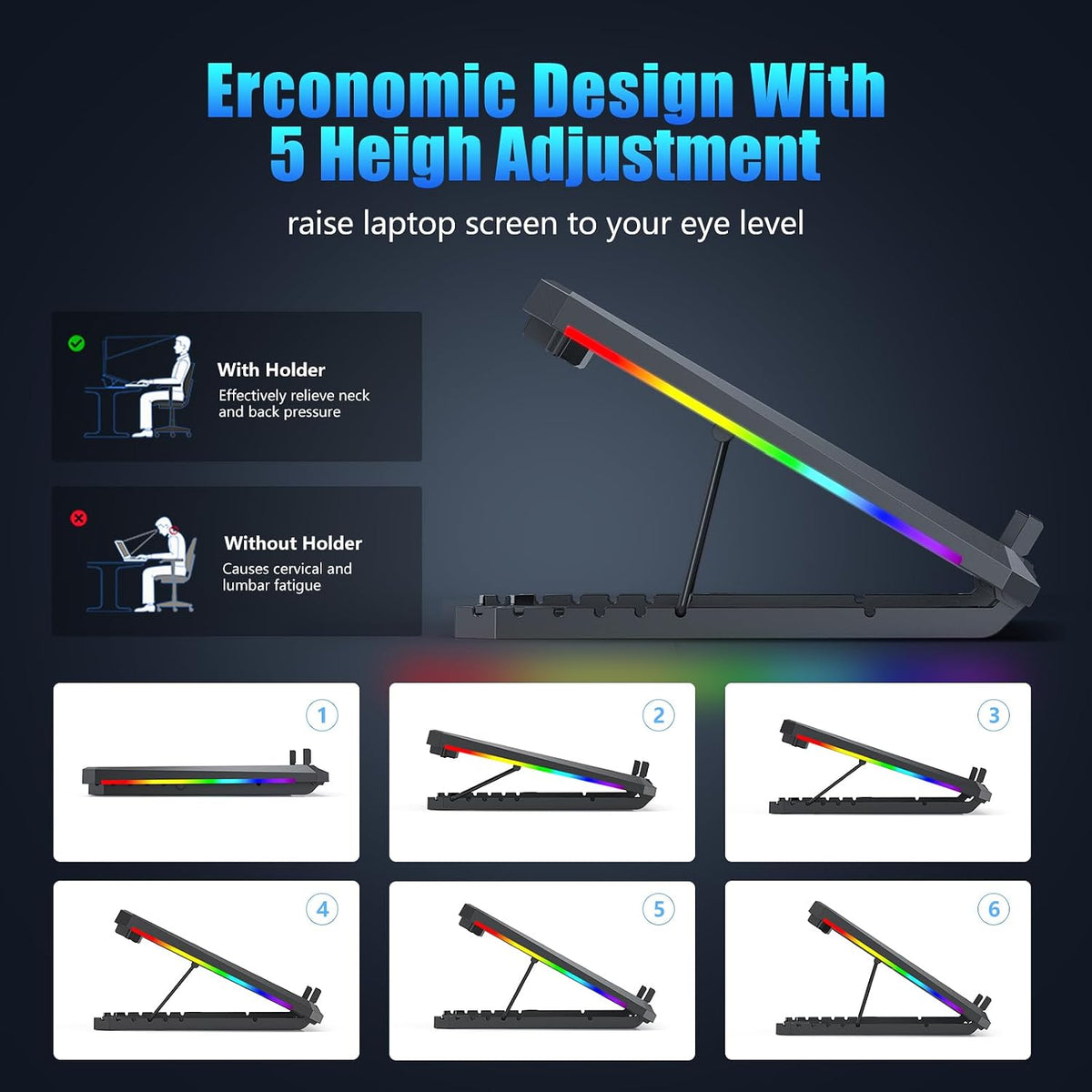 Laptop Cooling Pad with 12 Quiet Fans, Slim Portable for 12-17.3 Inch Laptop Cooler Stand, RGB Lighting, with 5 Height Adjustable, Gaming Cooling Fan Pad,Two USB Ports, Phone Holder (LCD)