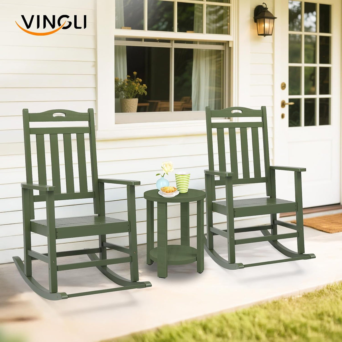 VINGLI Outdoor Rocking Chair with Footrest, Wooden Rocking Chair, Green
